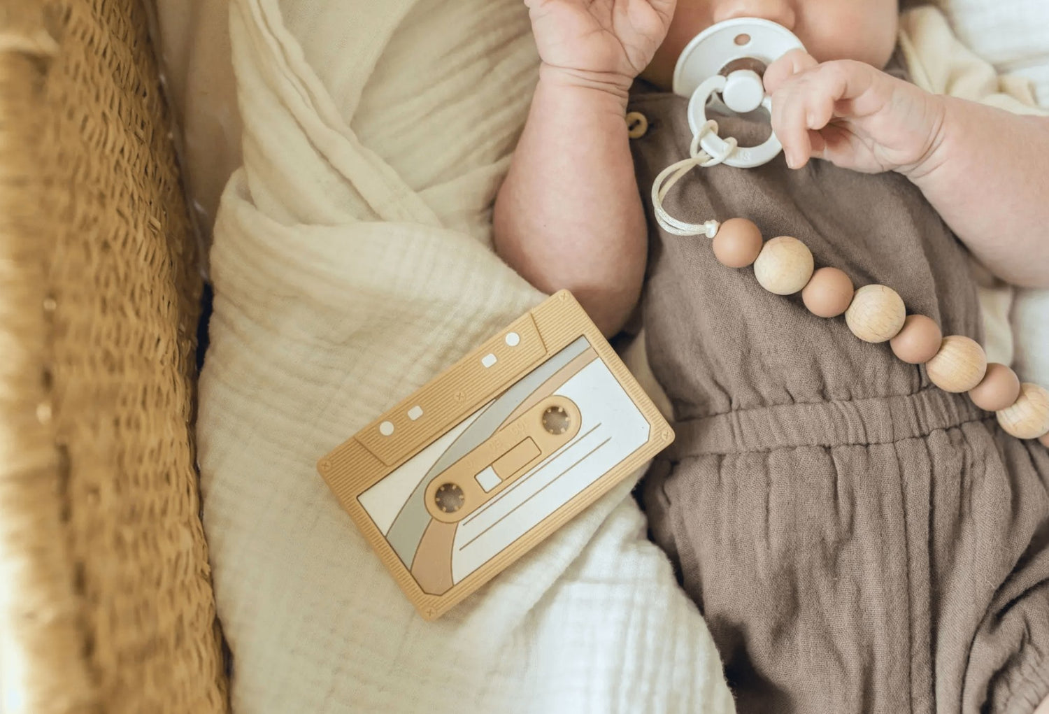 Cassette Tape Teether ( Oatmeal ) - notebooks & honey