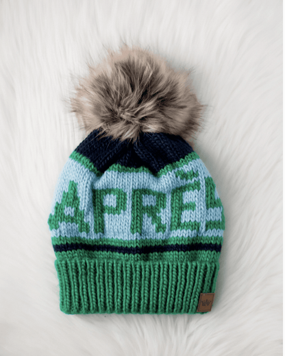 NEW (SEASONAL ITEM): Aprés Ski Winter Pom Pom Beanie Hat - Blue / Green - notebooks &amp; honey