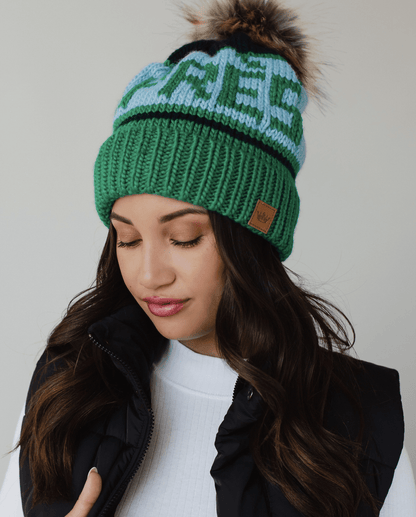 NEW (SEASONAL ITEM): Aprés Ski Winter Pom Pom Beanie Hat - Blue / Green - notebooks &amp; honey