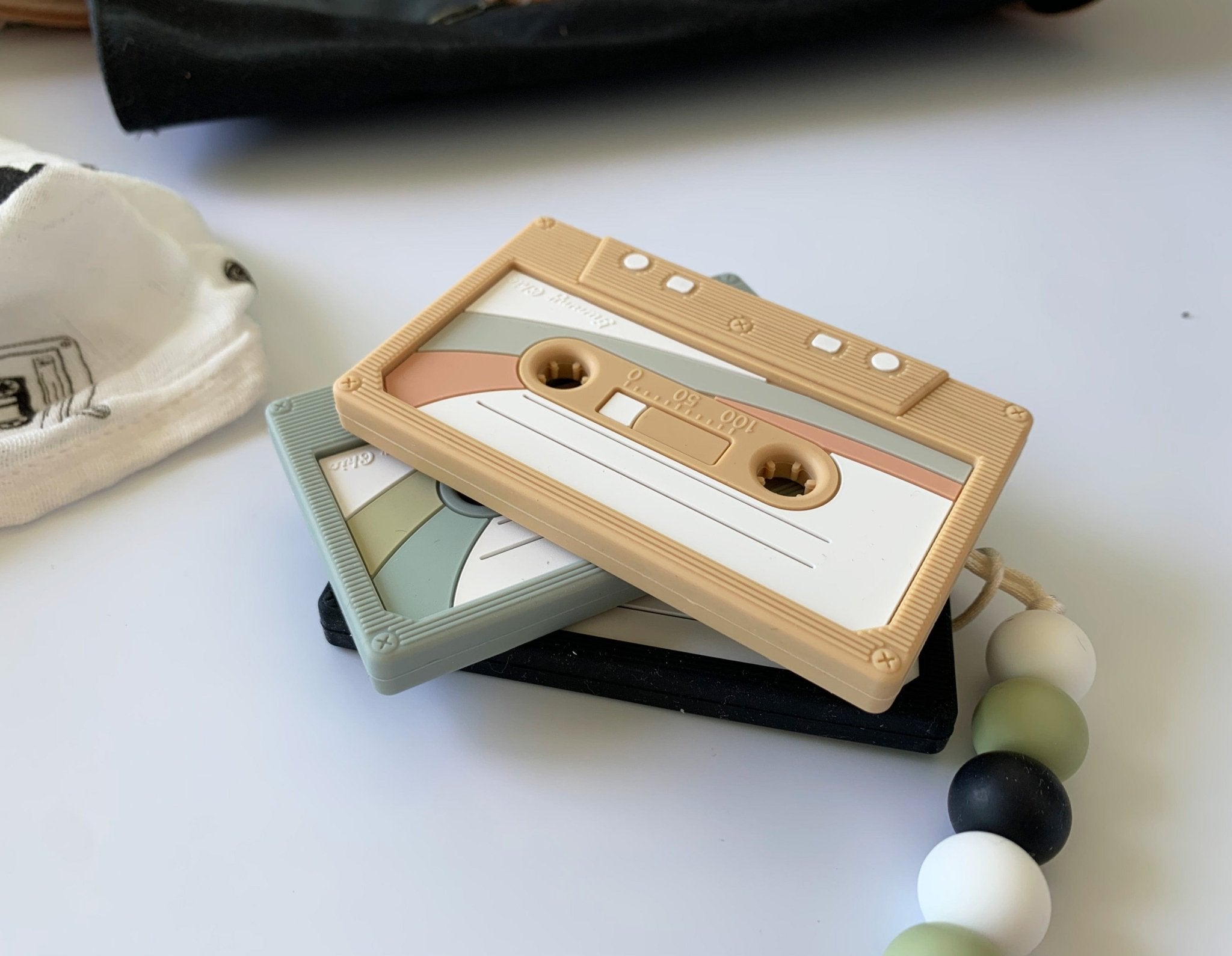 Cassette Tape Teether ( Oatmeal ) - notebooks &amp; honey